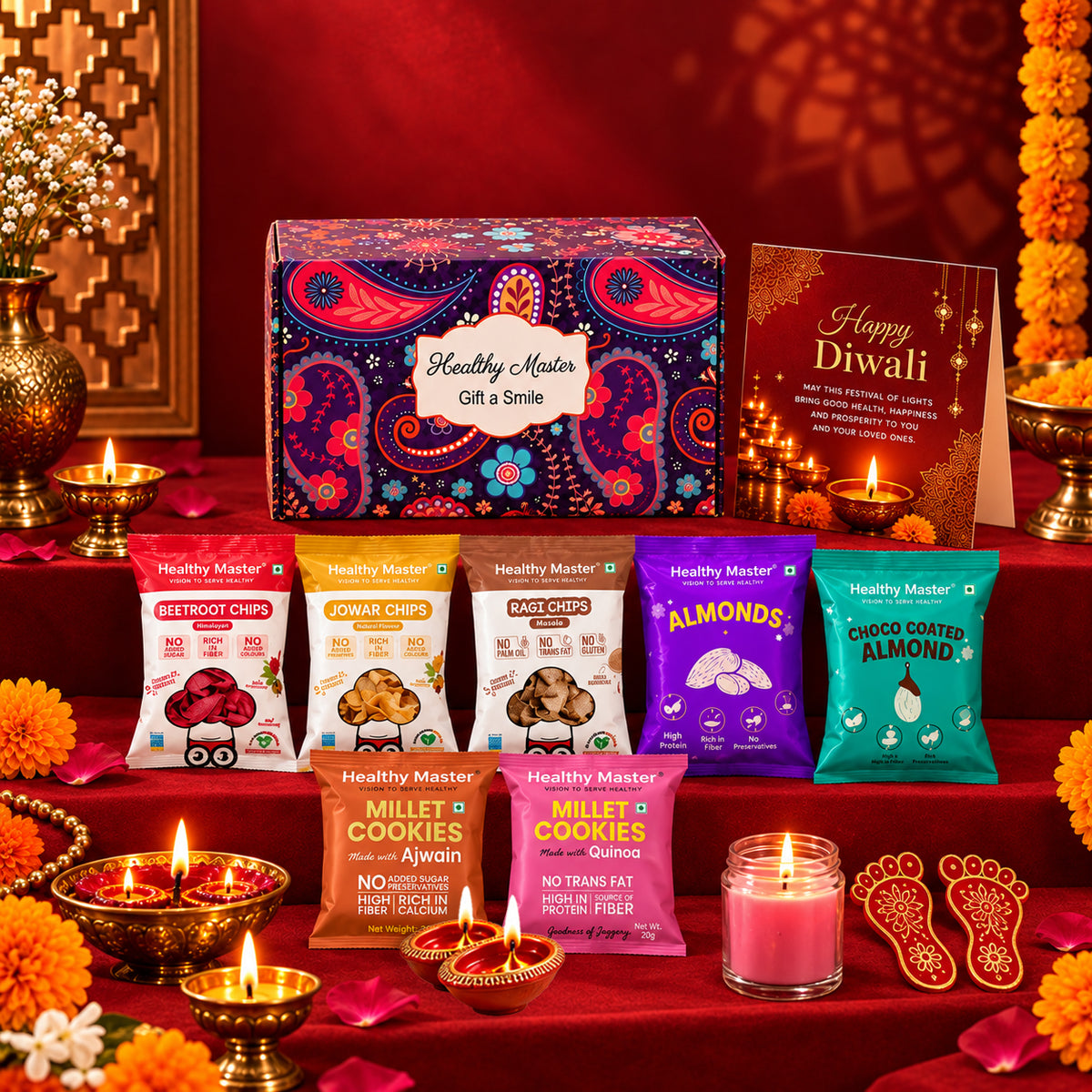 Opulent Giftset 2 | Diwali Gift Box with Chips, Almonds, Cookies & Pooja Essentials