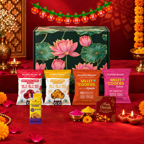 Majestic Moments | Diwali Gift Box with Chips, Cookies, Chikki, Toran & Rangoli