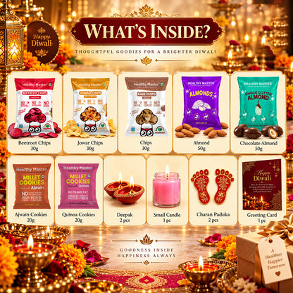 Opulent Giftset 2 | Diwali Gift Box with Chips, Almonds, Cookies & Pooja Essentials
