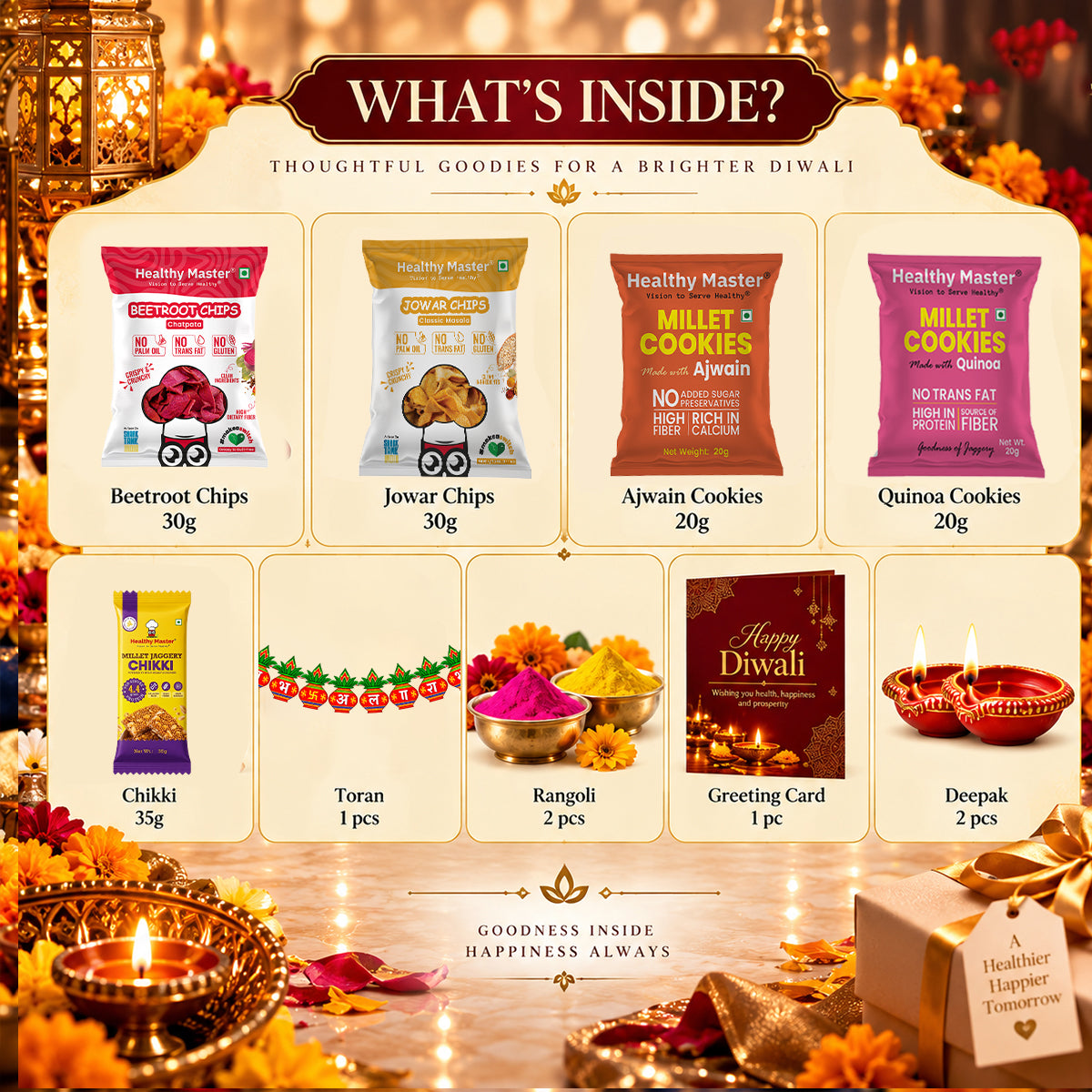 Majestic Moments | Diwali Gift Box with Chips, Cookies, Chikki, Toran & Rangoli