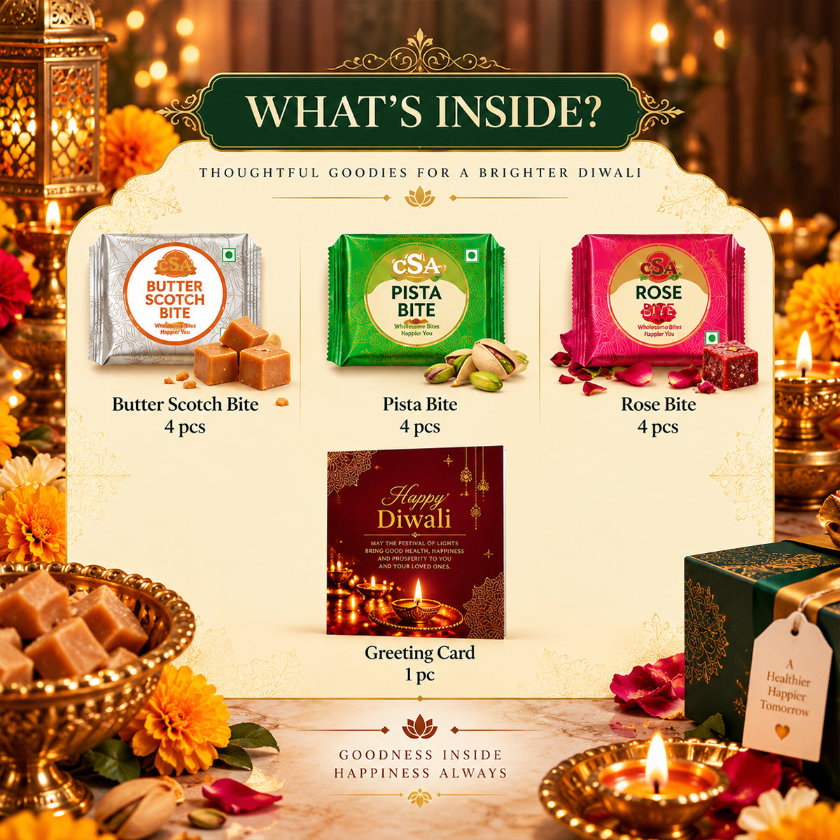 Pure Treats Box | Butterscotch, Pista & Rose Bites Diwali Gift Box