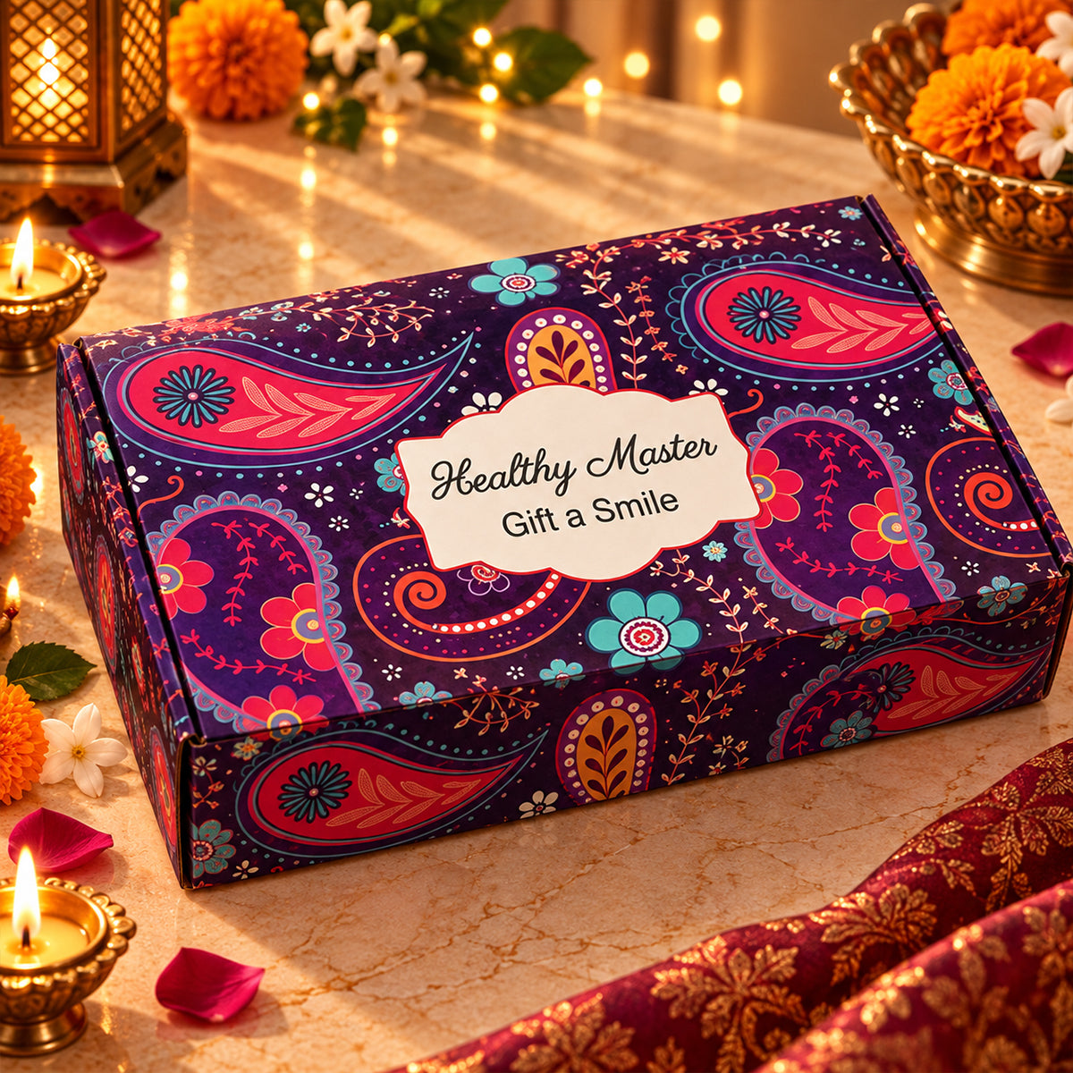 Opulent Giftset 2 | Diwali Gift Box with Chips, Almonds, Cookies & Pooja Essentials