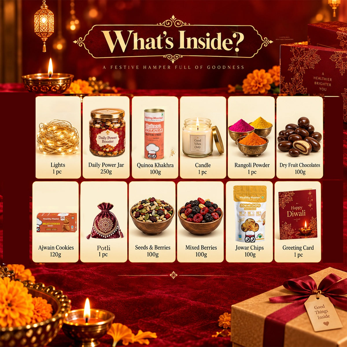 Diwali Wonders Hamper | Premium Diwali Gift Box with Snacks, Dry Fruit Chocolates & Decor